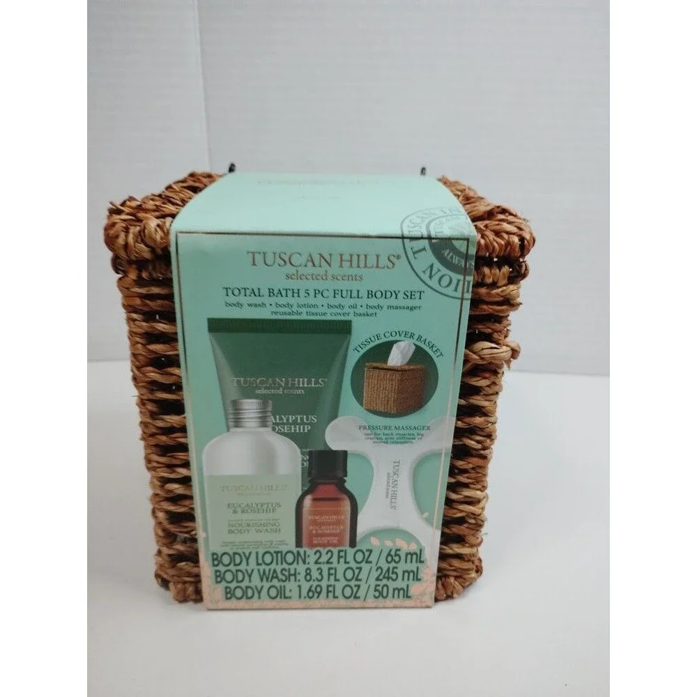 Tuscan Hills Selected Scents Eucalyptus & Rosehip 5pc Bath Set Reusable Basket